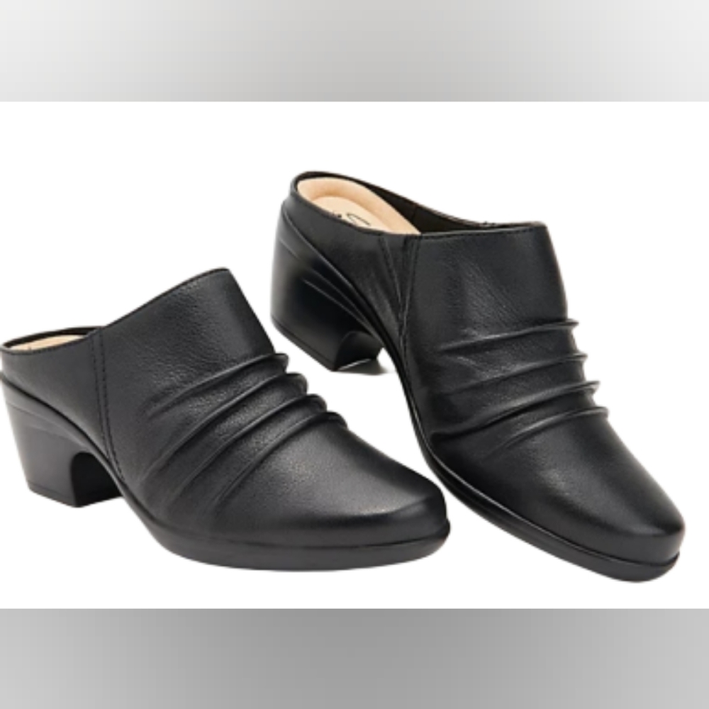 NWOB - Clarks Black Ruched Leather Heeled Mules